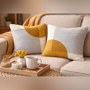 West Elm Pillow Cover Set 2 | 18x18 Crewel Geometric Gray Mustard & Ivory Button